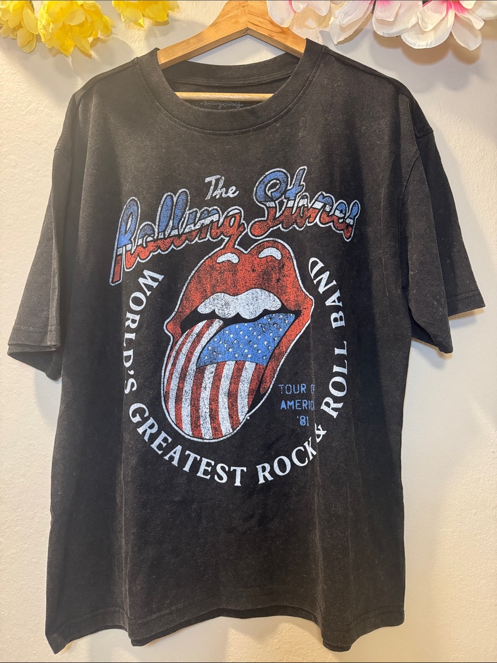 The Rolling Stones Black Tee with Red, White & Blue Tongue Graphic